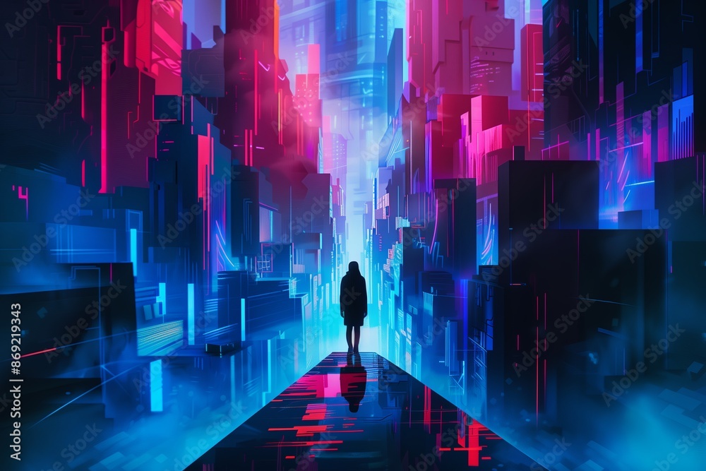 Poster a style illustration of a person standing on a narrow path surrounded by towering abstract