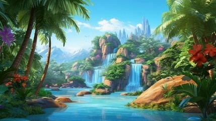 A beautiful landscape with a waterfall and a river running through it.