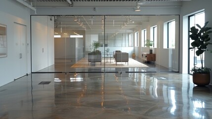 Expansive open-plan office with polished concrete floors reflecting overhead lighting. Glass partitions create transparent meeting spaces. Minimalist furniture and potted plants accent the space. 