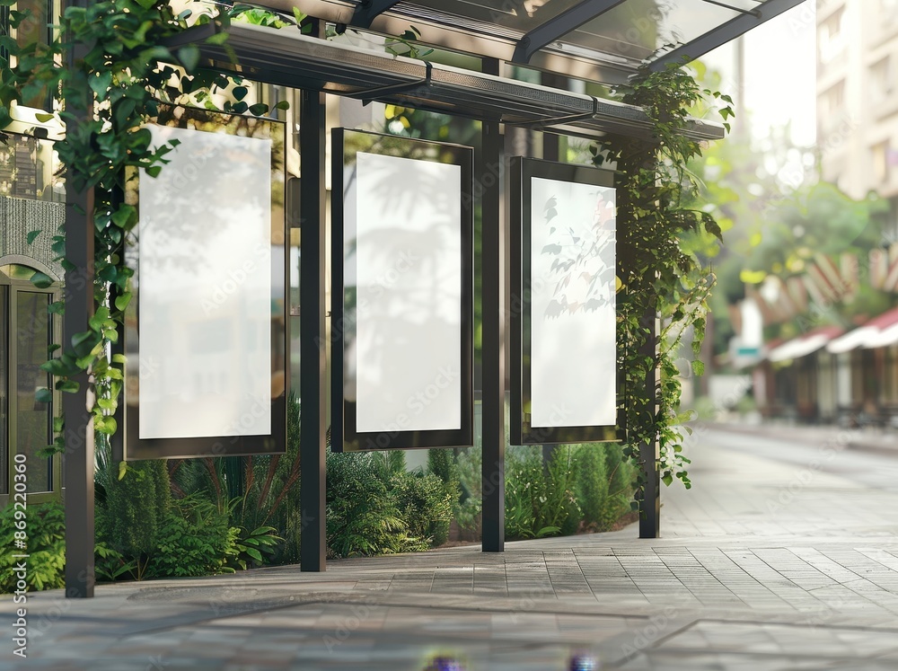 Poster this is a mockup illustration of a bus station with three empty spaces. it is 3d rendered and realis