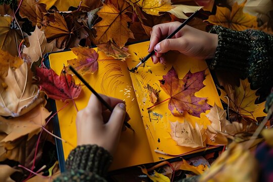 Person drawing on a sketchpad surrounded by autumn leaves, minimalist, high contrast, close-up of hands, sparks