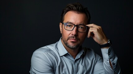 Obraz premium Confident man with glasses posing in studio. Professional portrait in dark background. Perfect for corporate, editorial or commercial use. High quality, sharp image captured by AI. AI