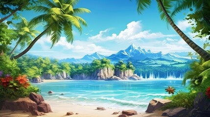 Beautiful summer landscape with a tropical beach, palm trees and mountains in the background.