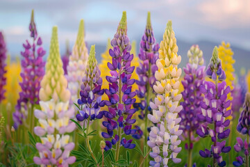 At sunset, purple string flowers bloom on the grassland