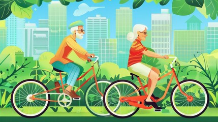 Modern cartoon illustration of elderly couple cycling in summer city park. Concept of active lifestyle, healthy activity.