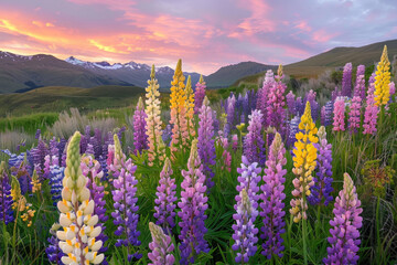Fototapeta premium At sunset, purple string flowers bloom on the grassland