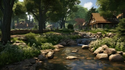 Obraz premium A beautiful landscape with a river running through the middle. The river is surrounded by green trees and flowers.