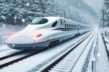 Fototapeta premium Modern Bullet Train Speeding Through Snowy Woods in a Winter Wonderland