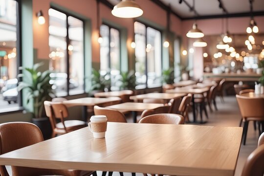 Cozy restaurant interior with wooden furniture and elegant decor