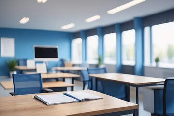 Empty office interior with desk, table, chairs, and laptop