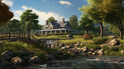 Obraz premium A beautiful landscape image of a house in the countryside. The house is made of stone and has a large porch.