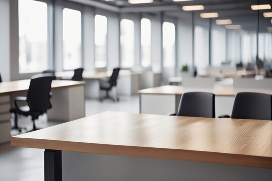 Empty office interior with desk, table, chairs, and laptop