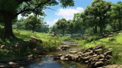 Fototapeta premium A beautiful landscape with a river running through it. The river is surrounded by green trees and grass.