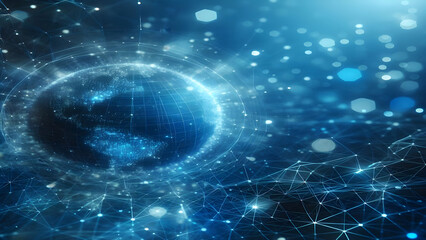 Blue abstract background with network grid and particles