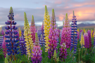 At sunset, purple string flowers bloom on the grassland