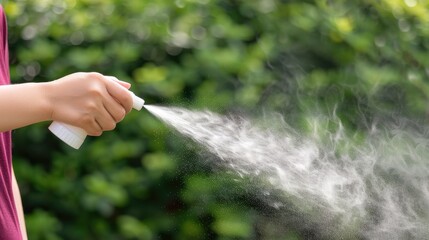 A person sprays a fine mist from a bottle into the air in front of a green leafy background