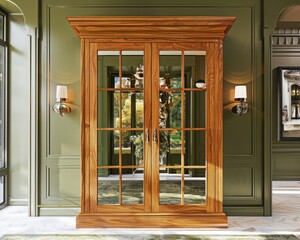 An elegant alder wood armoire with mirrored doors, placed in front of an olive green luxury house wall.