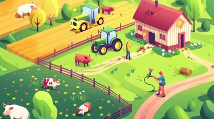 The traditional farm isometric landing page shows farmers in a garden or field, using tractor machinery, feeding pigs or cows, harvesting. Village agriculture, animal husbandry 3D modern line art web