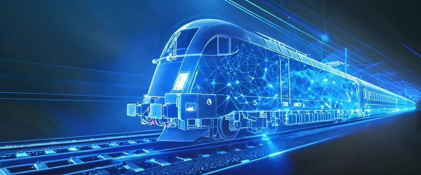 Abstract polygonal wireframe modern train on the railway, blue glowing lines and dots connection structure with motion effect for transportation technology concept backgroud
