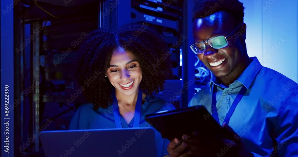 Aufkleber Programmer, high five and server for network, software development and talk for business and connectivity. Man, woman and tech for code, laptop and tablet in conversation for information technology