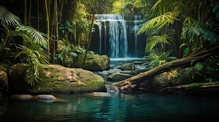 A beautiful waterfall in the middle of a lush green jungle. The water is crystal clear and the sun is shining through the trees.