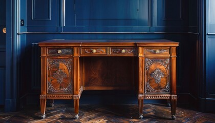A vintage mahogany writing desk with detailed engravings, placed in front of a navy blue luxury house wall.