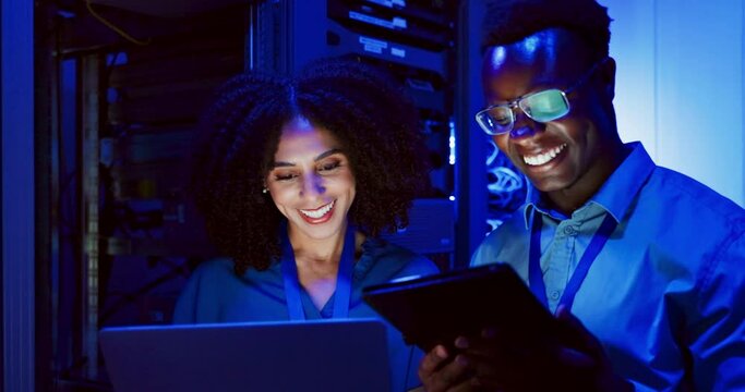 Programmer, high five and server for network, software development and talk for business and connectivity. Man, woman and tech for code, laptop and tablet in conversation for information technology