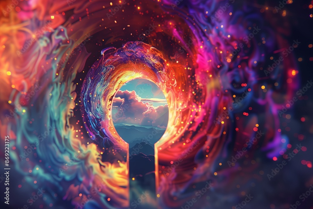Poster a close up of a keyhole through which a vibrant, imaginative world inside a person s mind is visible