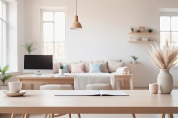 Empty office interior with desk, table, chairs, and laptop