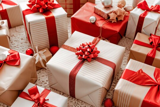 Unboxing day scene. Christmas present. Paper craft wrap. Red ribbon. Hand made. Copy space