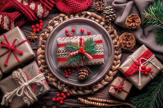 Christmas Eve gift boxes. Top view. Uphigh. Copy space. Natural light. Unboxing day