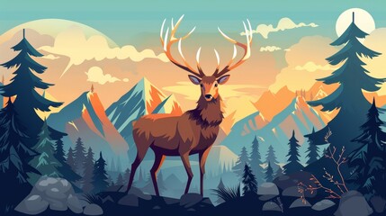 Stunning deer in a forest, stag with antlers sitting on a wooded landscape with trees and a mountain peak. Wild animal on a natural background, stag with antlers on a forest background. Cartoon