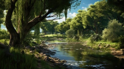 Obraz premium The sun shines through the trees and sparkles on the water in this beautiful forest river landscape.