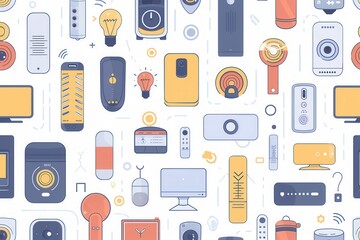 An illustrative pattern of smart home devices like thermostats, security cameras, smart plugs, and light bulbs, connected in a network for technological comfort. Generative AI