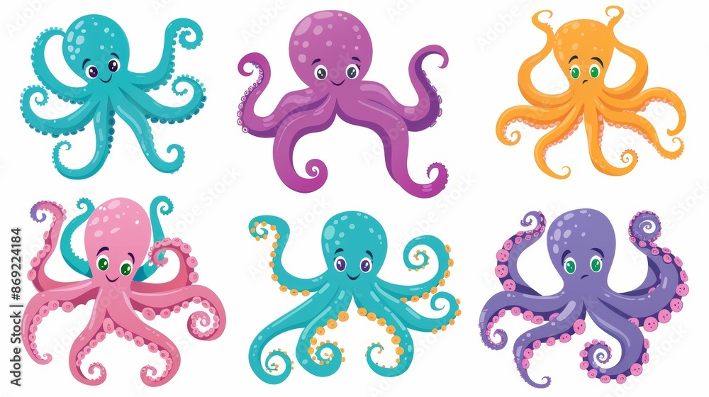 Wall mural cartoon octopuses with colorful skin and long tentacles, underwater ocean creatures, cephalopods and