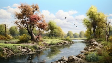 The image is of a beautiful landscape with a river running through it. The trees are in full bloom and the sun is shining brightly.