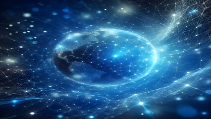 Obraz premium Blue abstract background with network grid and particles