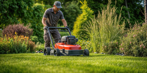 Gardener mowing grass with lawn mower in garden