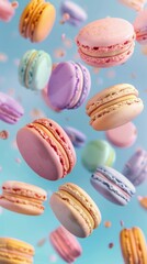 Traditional french cookies macarons. Different colors and taste isolated on pastel blue background and flying in the air. Sweet cookies macaron.