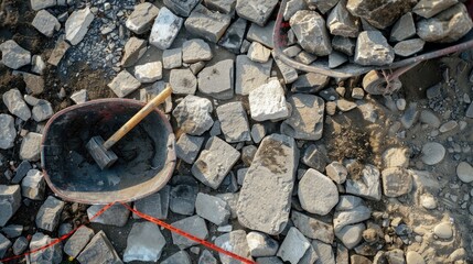 Construction Site with Broken Stones and Tools