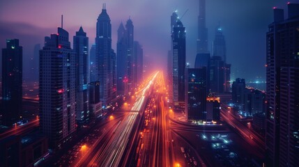 Fototapeta premium A futuristic cityscape at night with a highway filled with light trails.