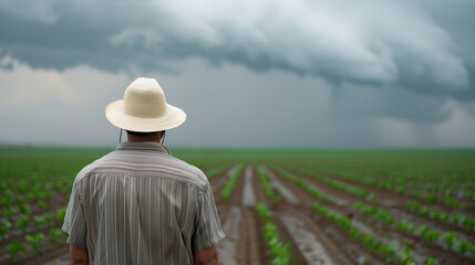 A farmer standing in a flooded field under stormy skies, contemplating the impact of the weather on his crops.