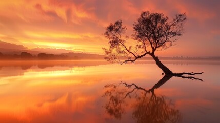 Fototapeta premium A lone tree stands in a lake at sunrise, its reflection mirrored in the still water. The sky is ablaze with vibrant orange and pink hues.