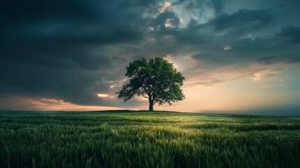 Fototapeta premium A lone tree stands tall in a field of green grass, bathed in the golden light of the setting sun. The sky above is filled with dramatic, stormy clouds.