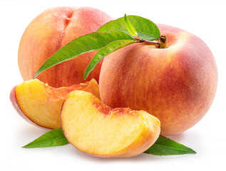 Ripe peaches with leaf and peach slices isolated on white background.