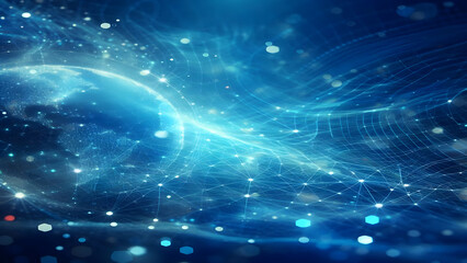 Blue abstract background with network grid and particles