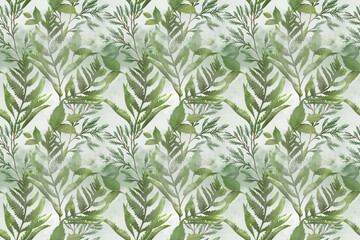 Seamless repeat watercolor hand painted pattern with botanical theme design. Perfect for home decor, apparel, art and craft, branding, wallpaper. forest autumn fall leaves fern, tuna, cypress