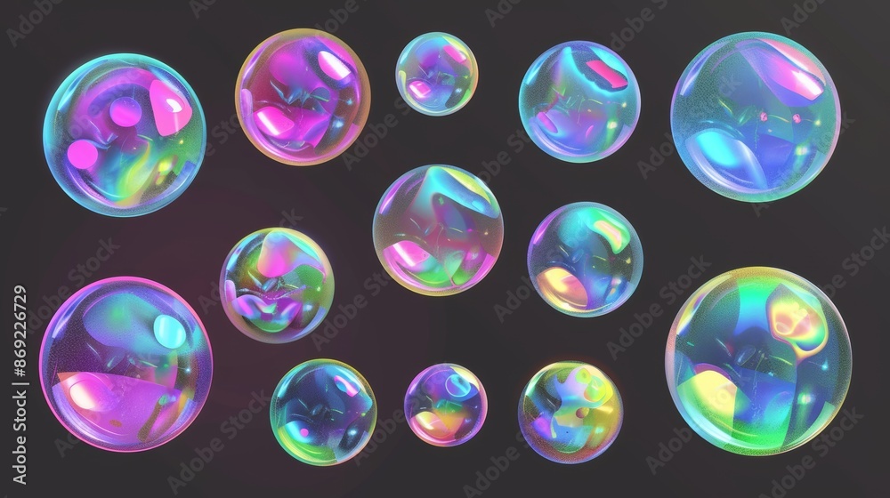 Poster three dimensional soap bubbles isolated on a transparent background. rainbow colored shampoo blobs o