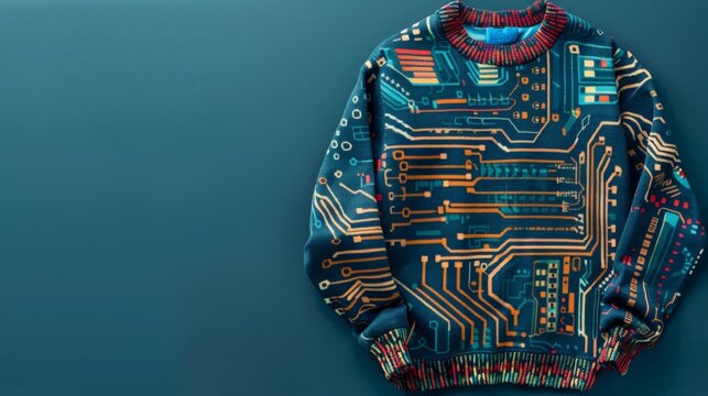 A tech-themed sweater with a circuit board design