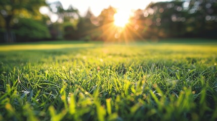 Close-up of lush green grass with warm sunlight filtering through the blades.  Perfect for nature, spring, and growth concepts.